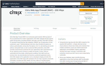 Citrix ウェブアプリケーションファイアウォール (WAF) の AWS Marketplace ページ