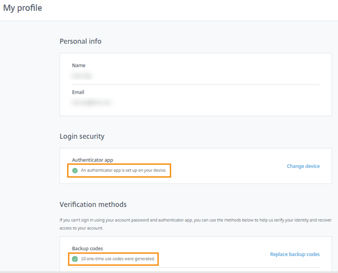 Account Settings page with multifactor authentication is configured