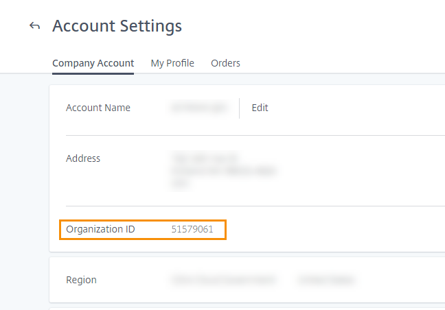 Citrix Cloud Account Settings page with OrgID