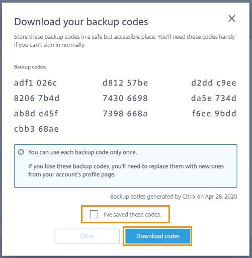 Download backup codes screen with Download button and confirmation box highlighted