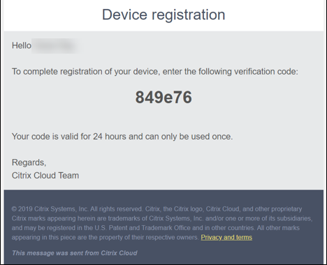 Device registration email with verification code