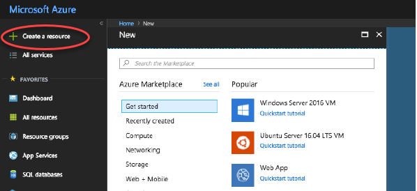 Azure Resource Manager Create a resource screen