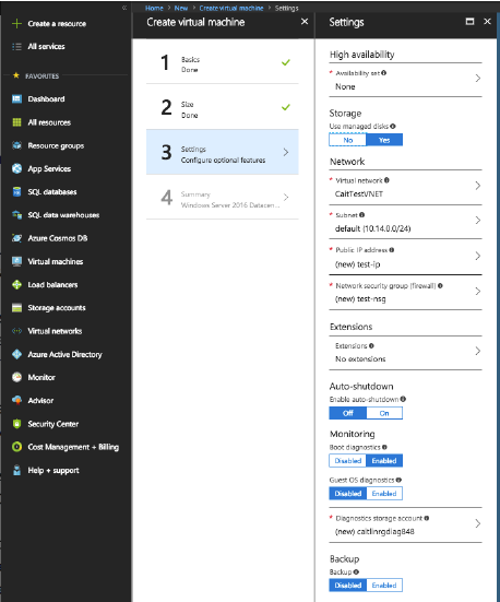 Azure Resource Manager VM settings page
