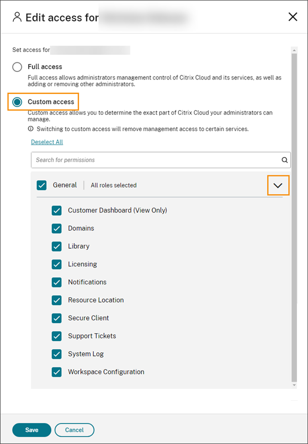 Citrix Cloud-Zugriffsberechtigungen mit markierter Option "Benutzerdefinierter Zugriff"