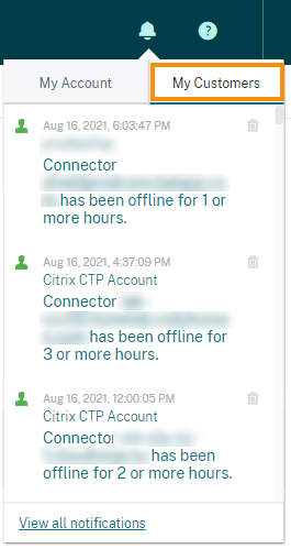 Icono de notificaciones de Citrix Cloud con el área de notificaciones de Mis clientes resaltada