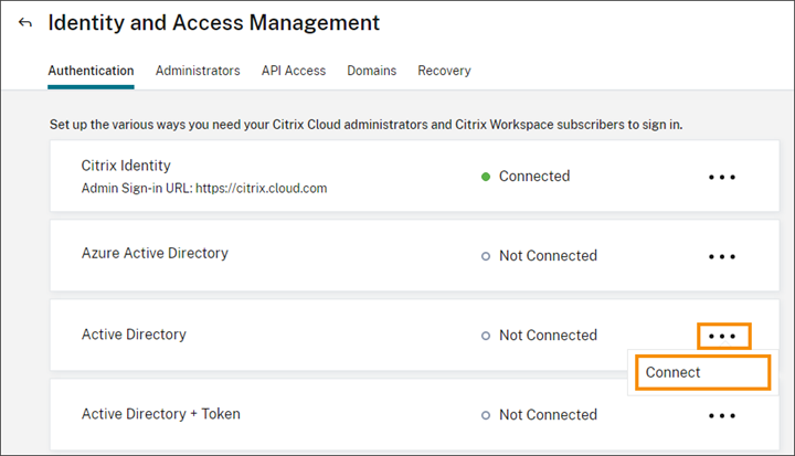 Connect menu for Active Directory