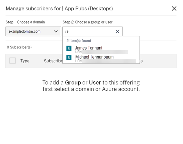Manage Subscribers dialog with user search results