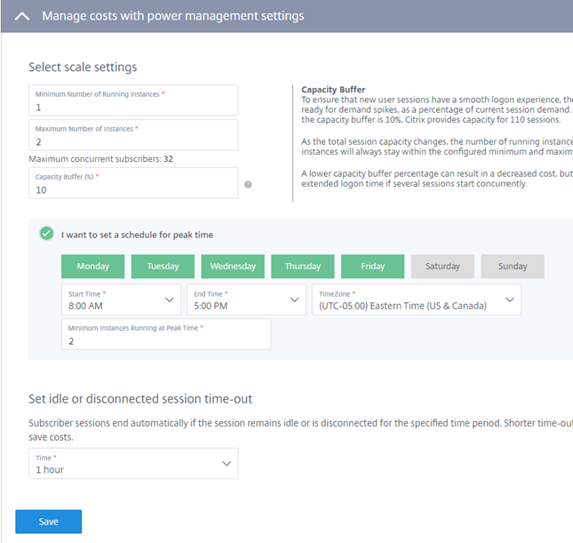 Virtual Apps Essentials power management settings page