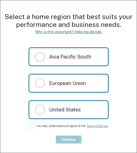 Citrix Cloud region selection page