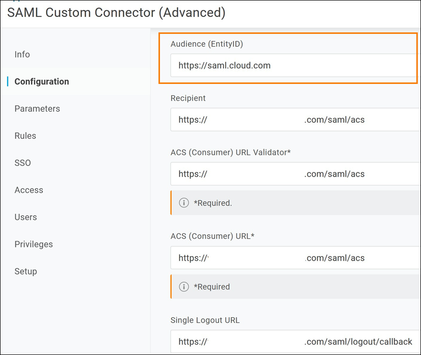 OneLogin console with Audience and endpoint fields highlighted