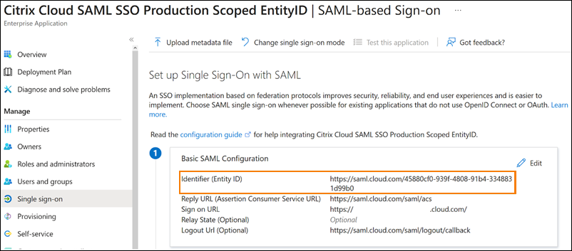 Configuración de aplicación SAML en Azure AD con el ID de entidad resaltado