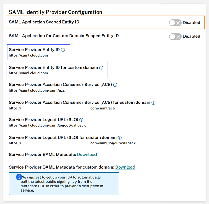 Configuración de SAML con ID de entidad genéricos