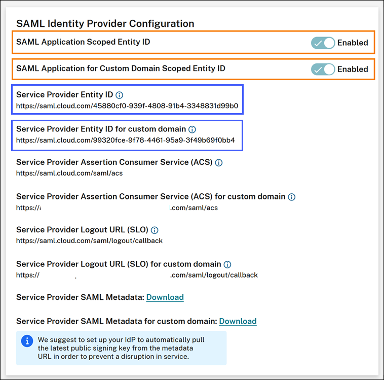 Configuration SAML avec ID d'entité étendue activé