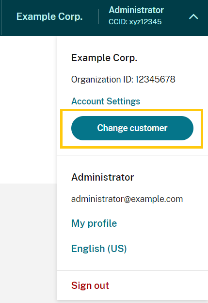 User menu with Change Customer button highlighted