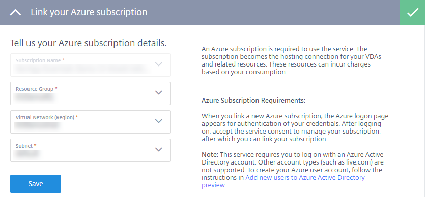 Página de enlace a la suscripción de Azure en Virtual Apps Essentials