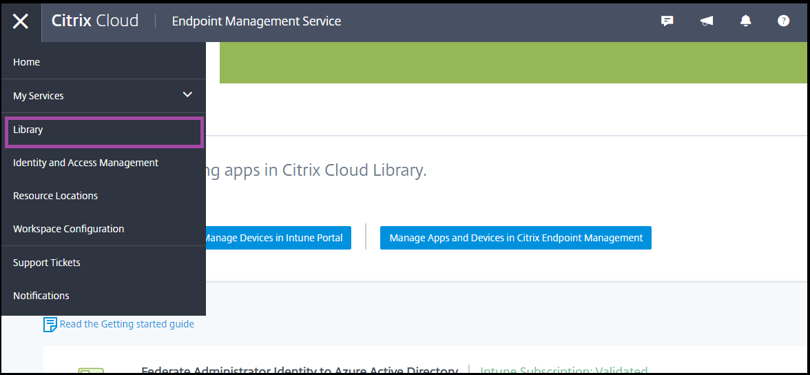 Seite "Bibliothek" in Citrix Cloud