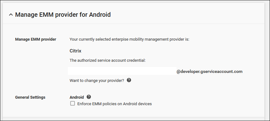 “Manage EMM provider for Android”（管理适用于 Android 的 EMM 提供程序）选项