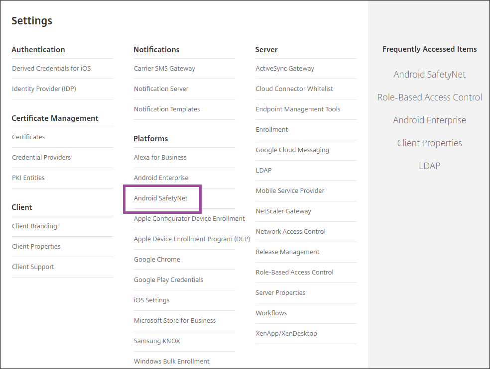 Page Paramètres avec Android SafetyNet sélectionné
