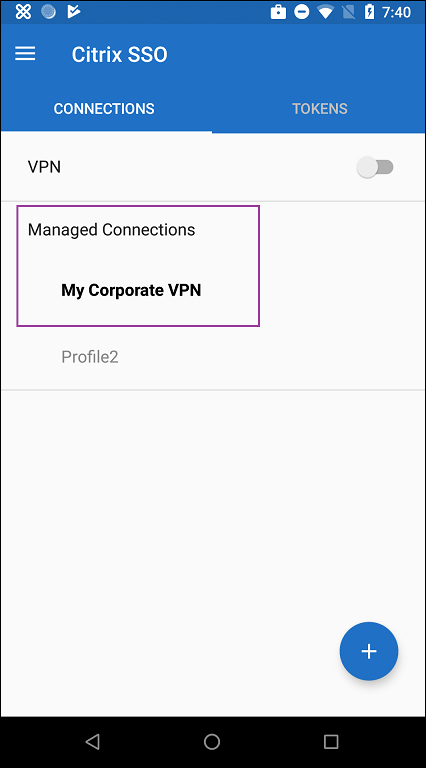Managed Connection area of SSO app on device