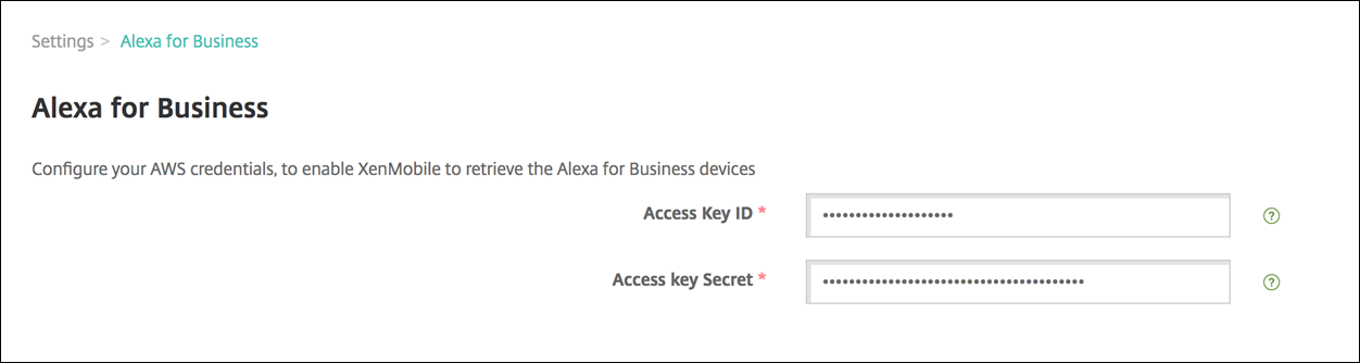 Citrix Endpoint Management-Konsole beim Eingeben der Schlüssel für Alexa for Business