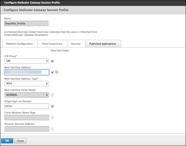 NetScaler Gatewayのセッションプロファイル画面の画像