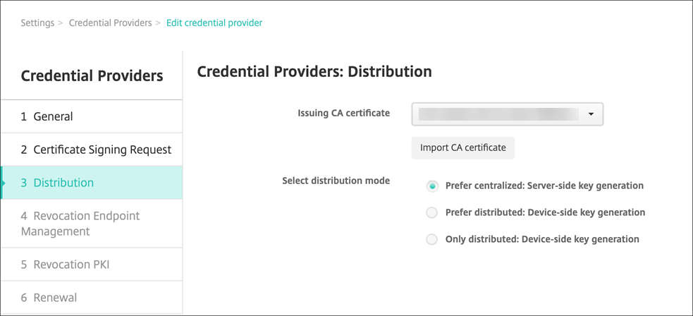 Página de distribución de los proveedores de credenciales