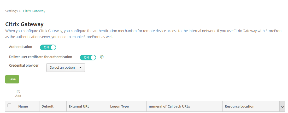 NetScaler Gateway-Konfigurationsbildschirm