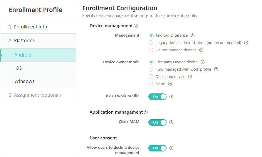 Enrollment Profile page for Android