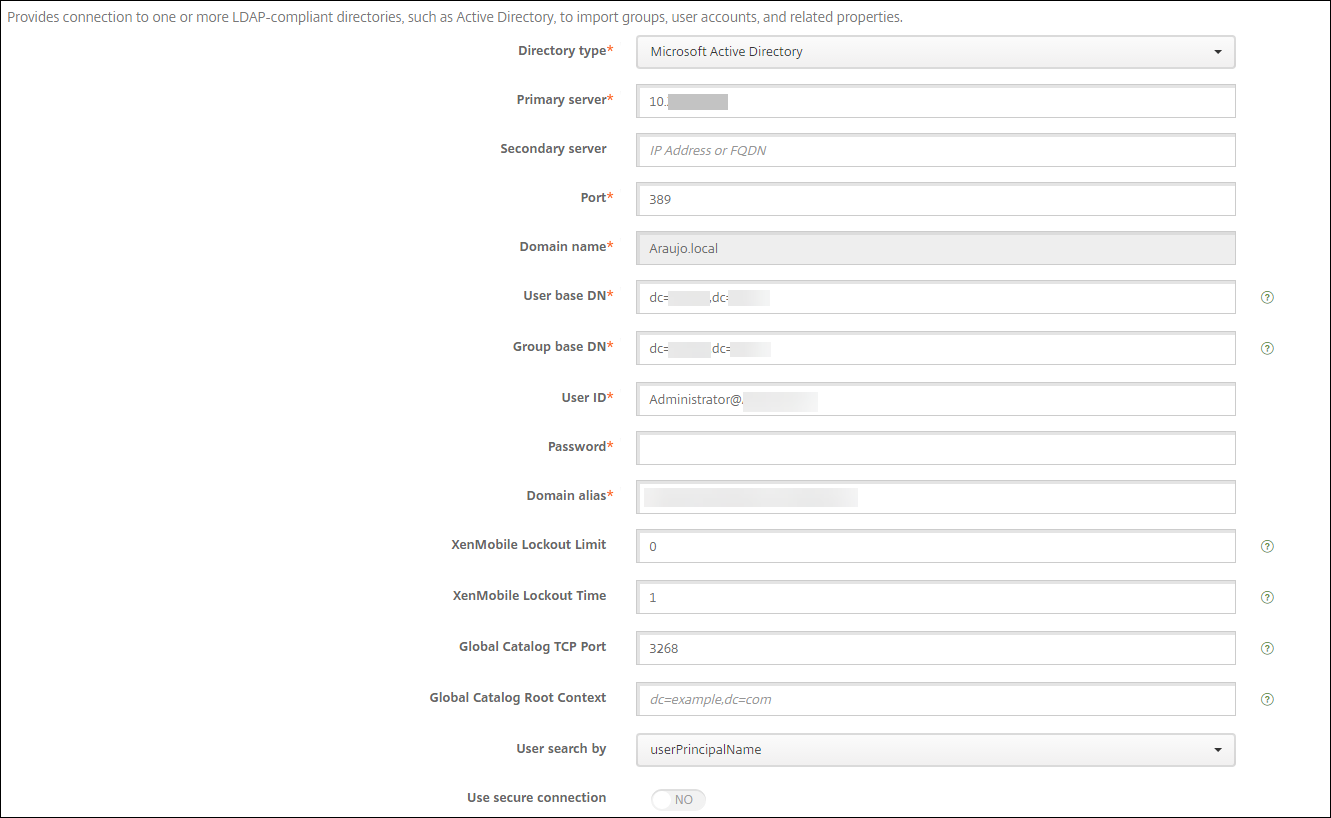 Citrix Endpoint Management LDAP settings screen