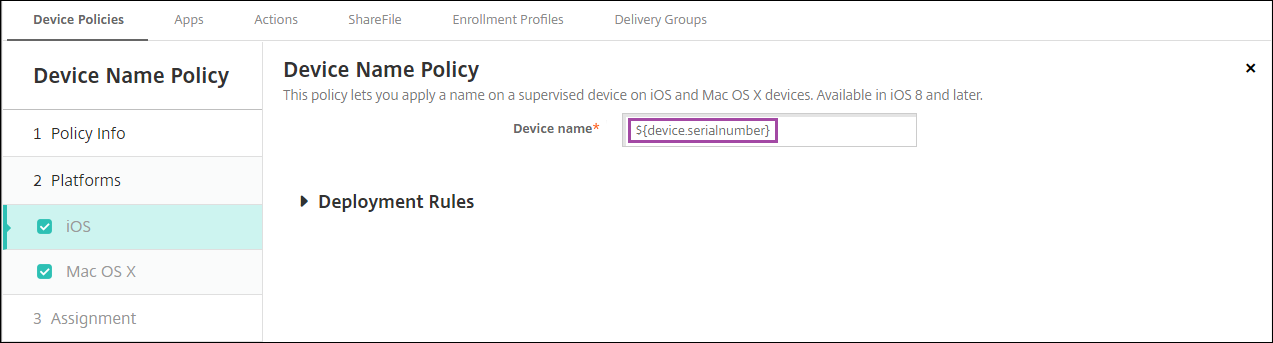Macro in the Device Policy configuration screen
