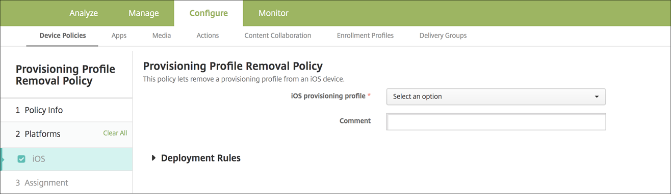 Provisioning profile removal policy settings