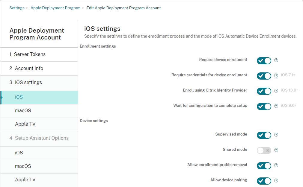 Pantalla de parámetros del Programa de implementación de Apple