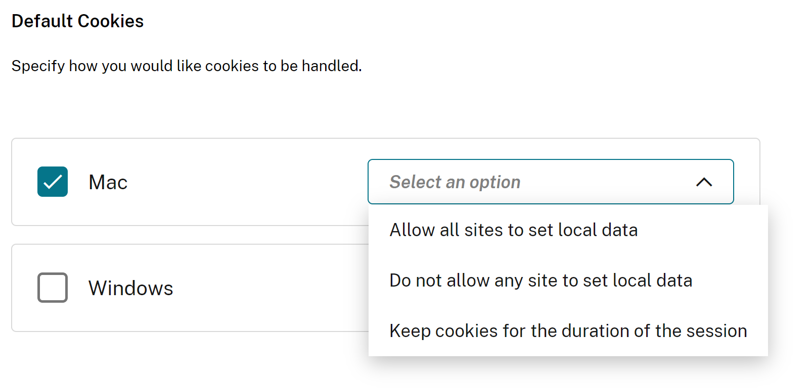 default cookies setting