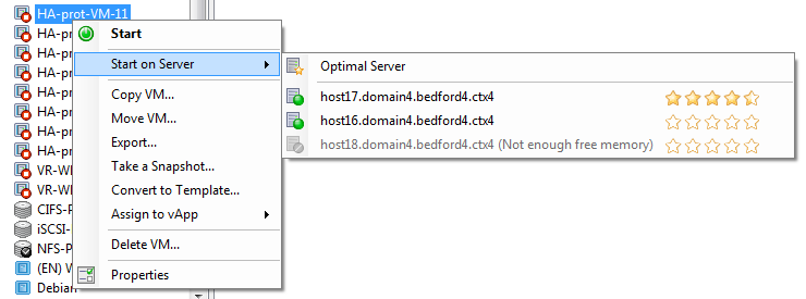  下图显示了“在服务器上启动”功能的屏幕截图。由于 host17 是用来启动 VM 的最佳主机，因此其旁边显示更多的星形符号。host16 旁边没有显示任何星形符号，说明不建议使用此主机。但是，由于 host16 处于启用状态，用户可以选择它。host18 由于内存不足而处于灰显状态，因此用户无法选择它。