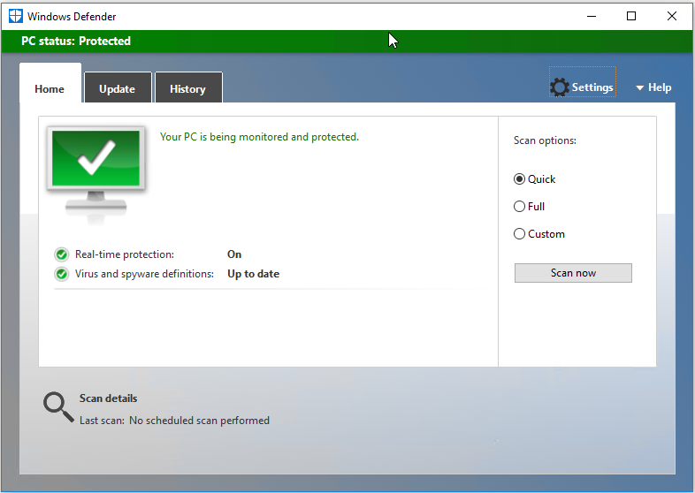 Seleccionar el icono Configuración en Windows Defender