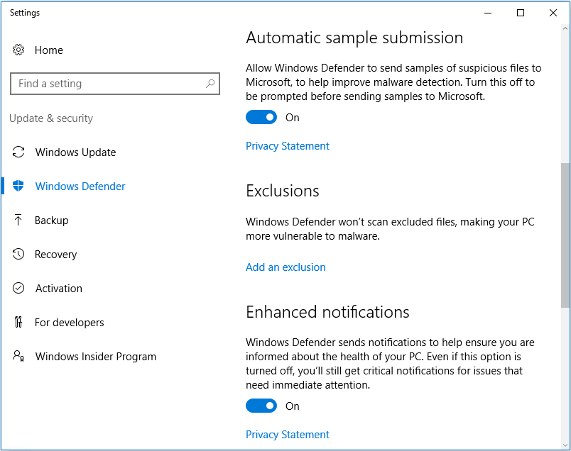Add an exclusion in Windows Defender