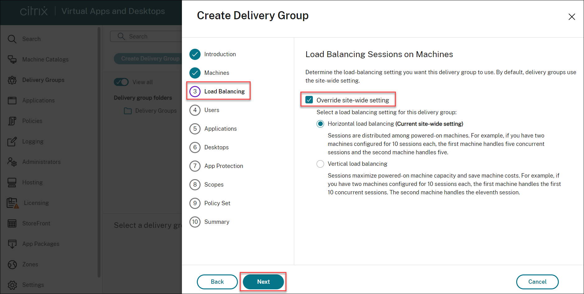 Load balancing settings during creating a delivery group