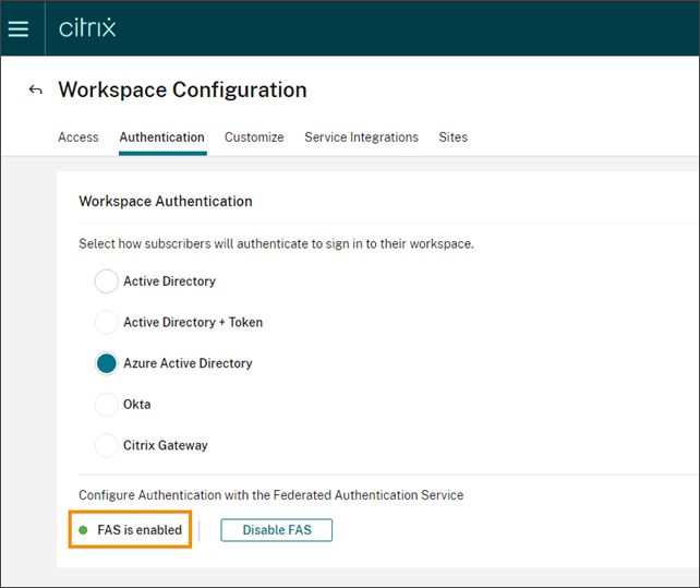 Workspace Configuration page with FAS enabled