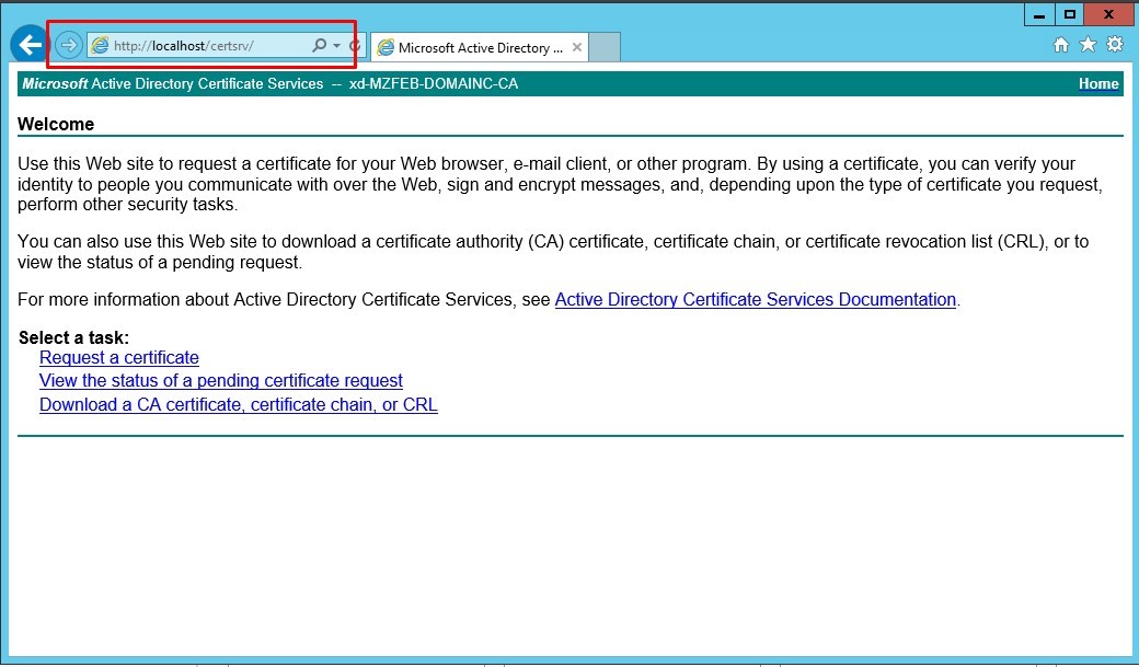 Image of the welcome page when the ad certificate services are installed successfully