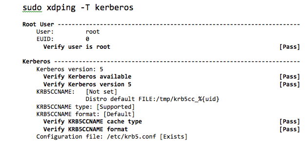 La primera parte de los resultados de ejemplo de la prueba Kerberos