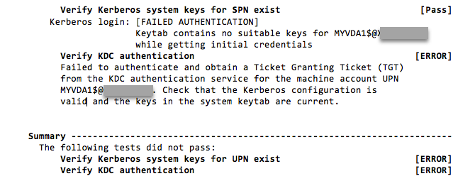 La tercera parte de los resultados de ejemplo de la prueba Kerberos