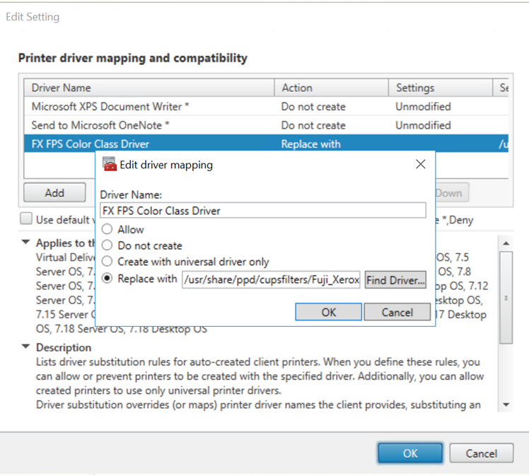 Printer driver mapping and compatibility policy