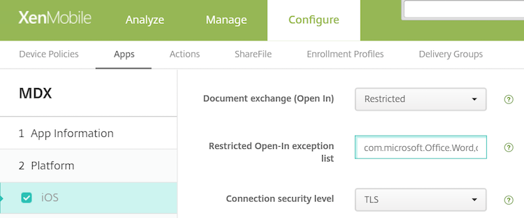 Image of the Document exchange (Open In) policy