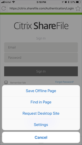 Imagem da opção Solicitar site de área de trabalho do Secure Web para iOS