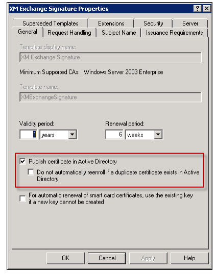 Image of the Publish certificate in Active Directory check box