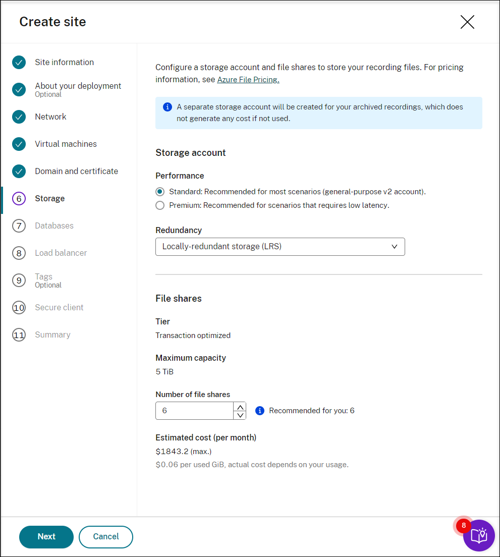 Configure an Azure storage account and file shares to store your recording files