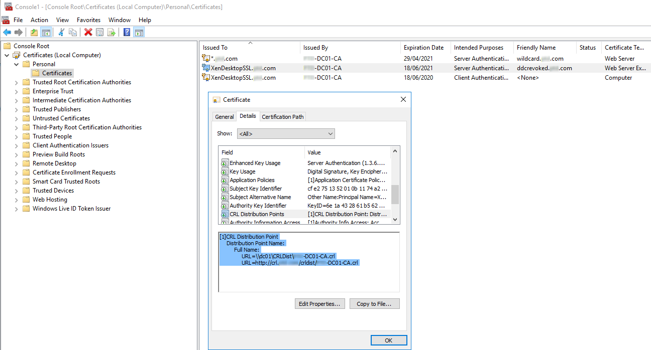 Capture d'écran du certificat avec extensions de points d'extension CLR