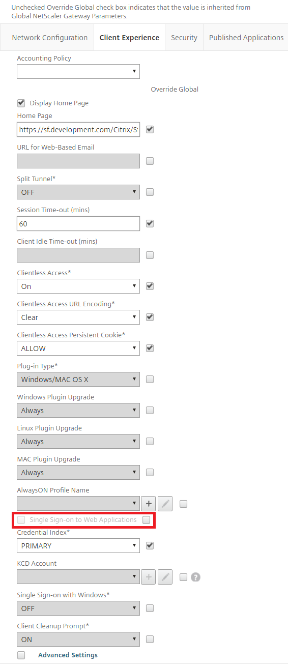 Screenshot des Netscaler-Richtlinienseite, Registerkarte "Client Experience"