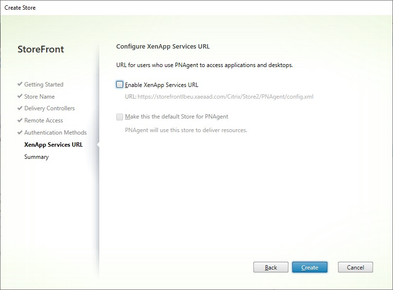 Screenshot of Create Store window XenApp Services tab