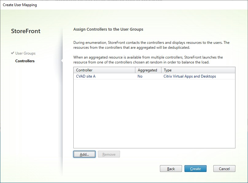 Captura de pantalla de la ficha Grupos de usuarios de la pantalla Crear asignación de usuarios con el controlador elegido